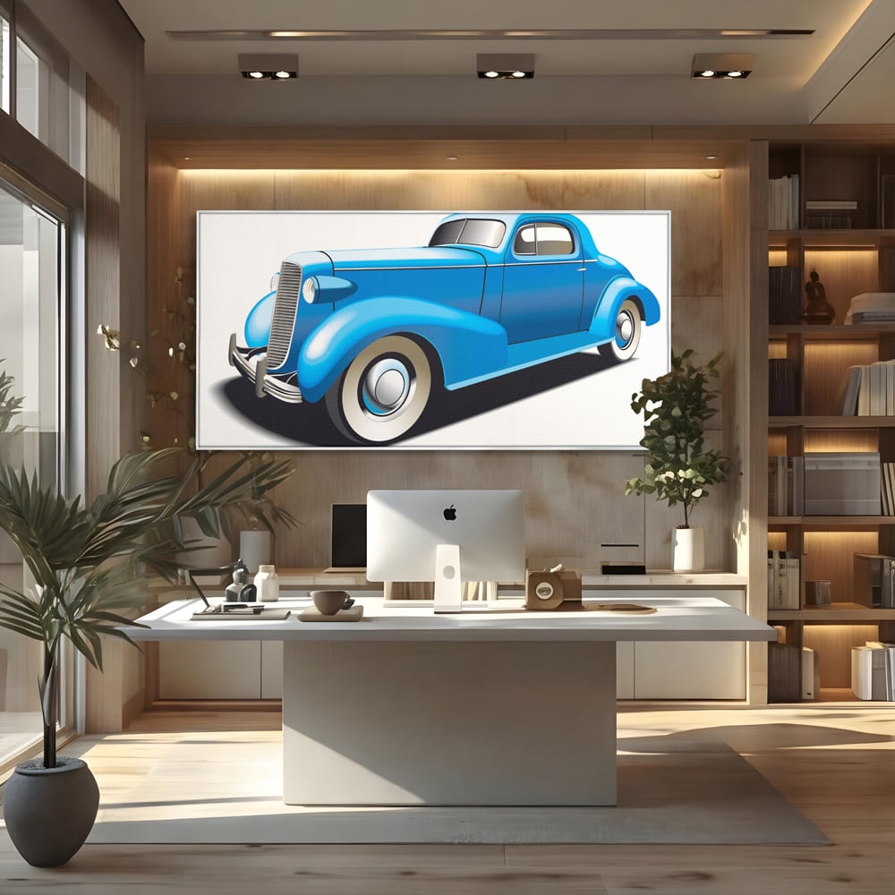 Tablou canvas cu ilustratie cu masina de epoca albastra, in rama de aluminiu argintiu, pe perete intr-un birou
